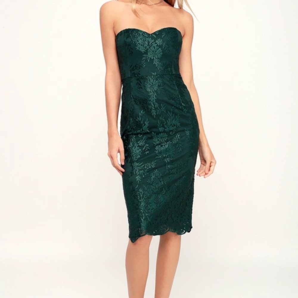Forest Green Embroidered Strapless Dress - Picture 2 of 4